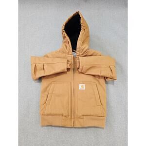 Carhartt Jacket Youth XXS 4-5 Duck Brown Quilted Lining Hooded Boys Zipper Coat